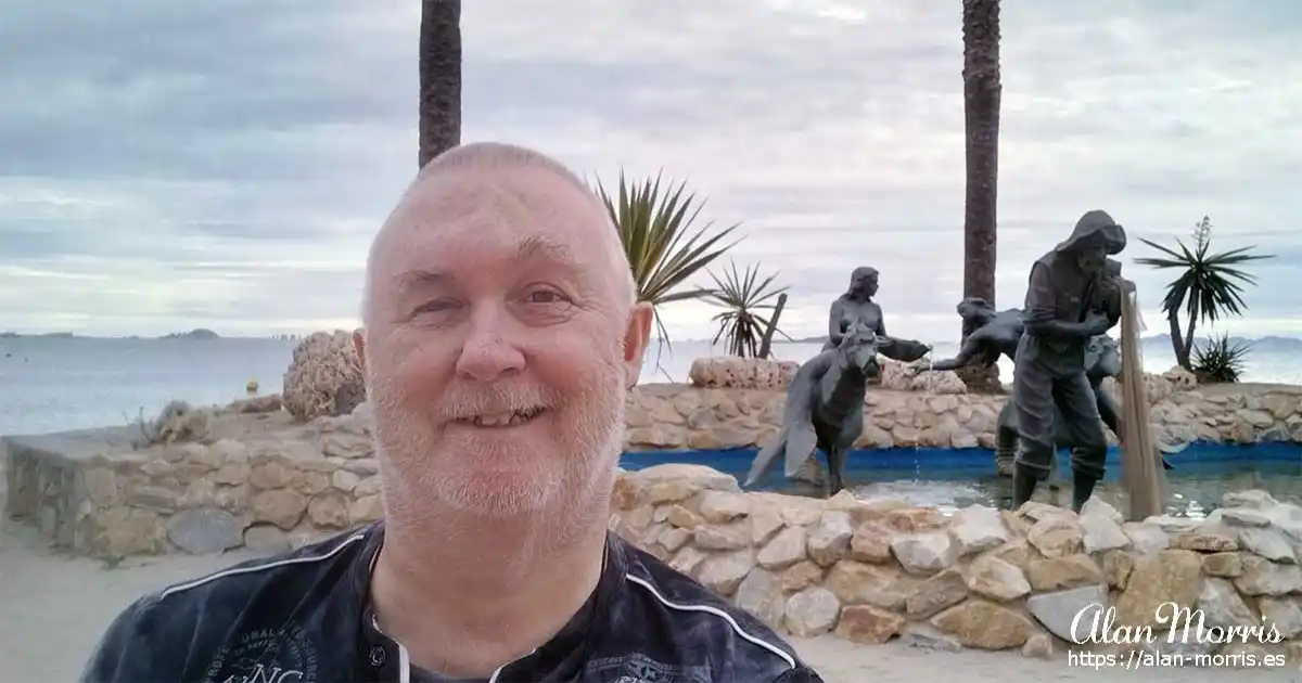 Alan Morris, by the mermaid statue at Plaza de Espejo in Los Alcazares.